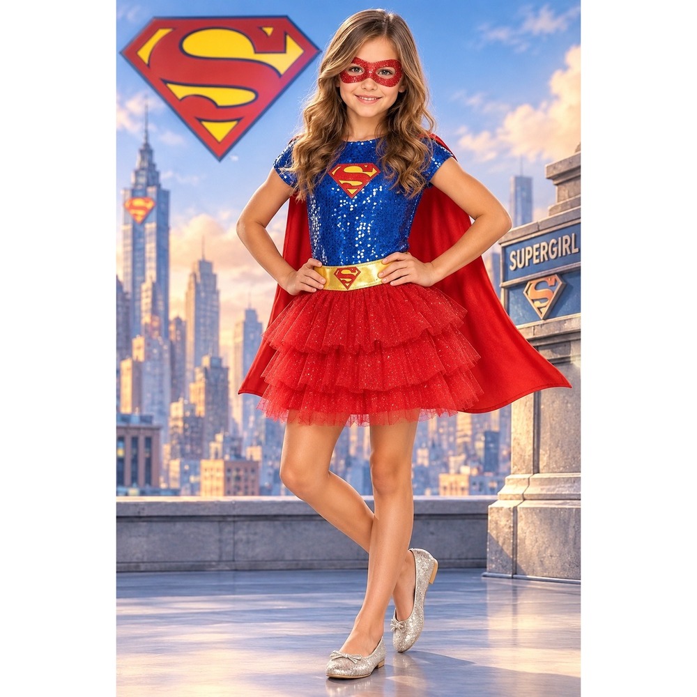 Supergirl Costume Kits Sparkle Tutu Halloween Dress Belt Mask Cape Size 8-10 M
